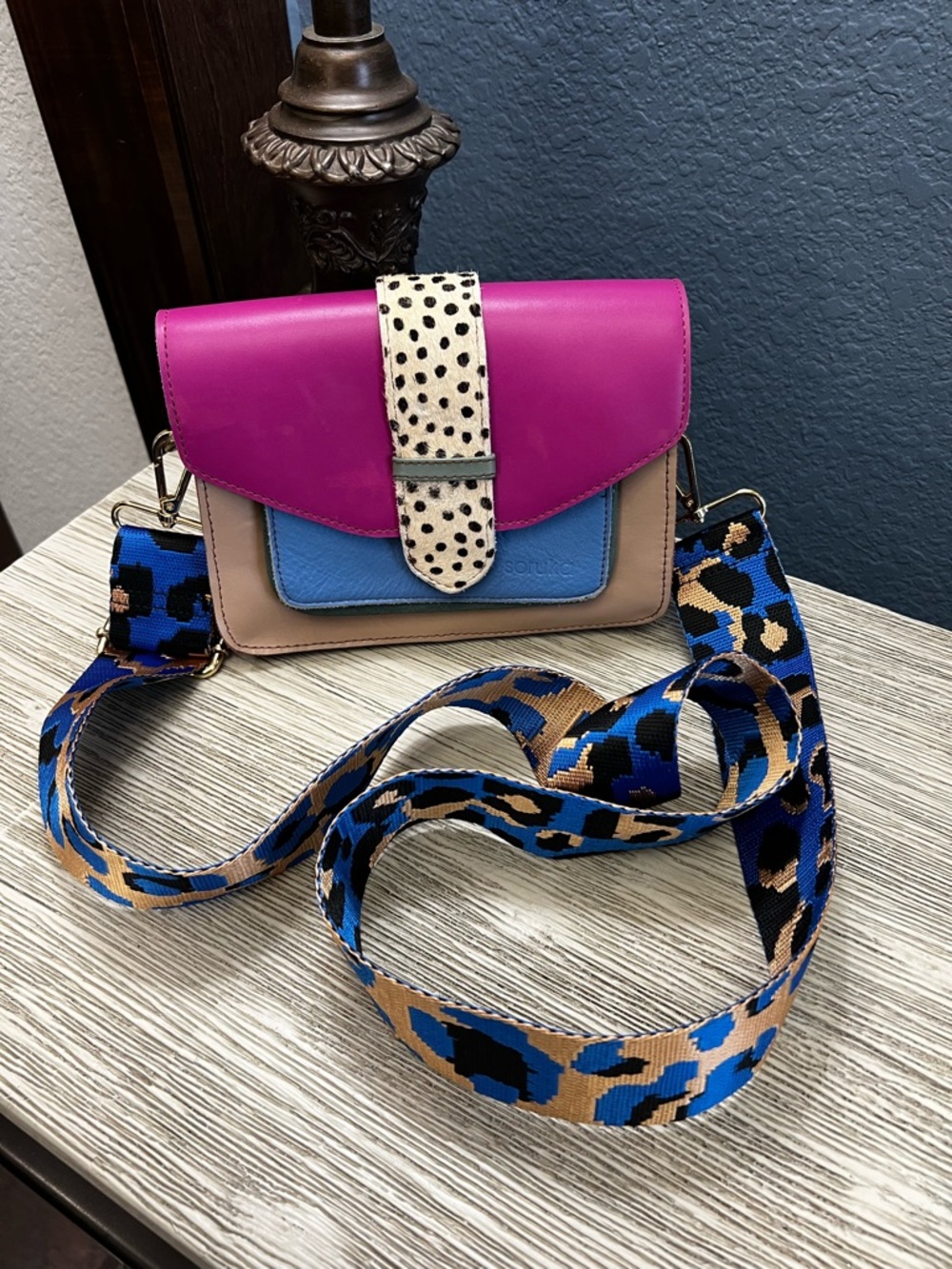 Soruka Stylish Colorblock Crossbody Bag in Fuchsia, Blue, and Tan